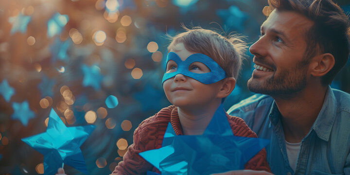 Happy Father's Day. Father and son dressed as superheroes, sharing a joyful embrace, with masks and capes, against a vibrant blue background - Powered by Adobe