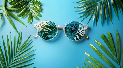 Stylish Sunglasses Reflecting Tropical Palms on Vibrant Blue Background
