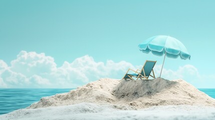 Miniature Beach Scene with Blue Umbrella and Lounge Chair on Sand
