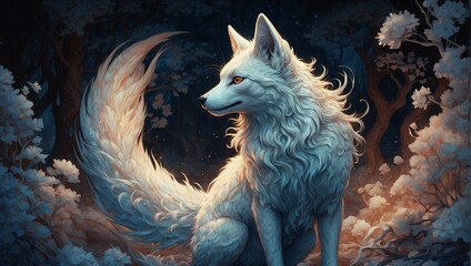 A celestial kitsune creature, shimmering with ethereal light, its nine tails trailing behind like wisps of stardust