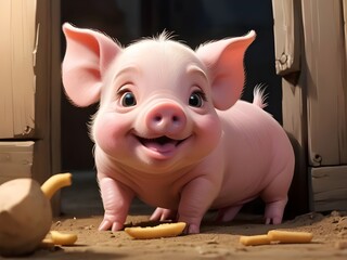 Cute piglet is secretly eating cartoon