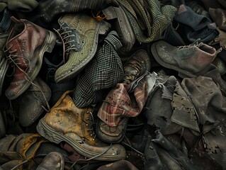 Pile of discarded shoes, highly detailed and textured, representing themes of abandonment and wear.