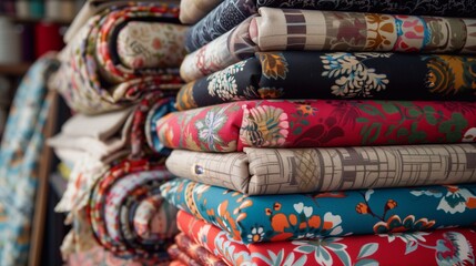A stack of colorful, neatly folded fabrics with intricate patterns in a textile shop.