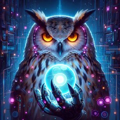 An owl with glowing eyes and glowing hands holding a crystal ball, radiant owl, owl wizard