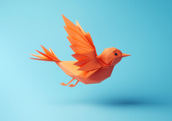 A 3D rendering of an origami bird with a blue background.