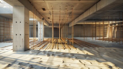 Sunlight streams through an unfinished concrete building casting shadows on iron rods.