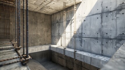 Detailed interior view of a construction site featuring exposed concrete walls and steel reinforcements.
