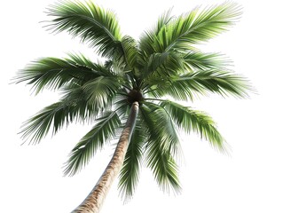 A tall palm tree with green leaves against a white background