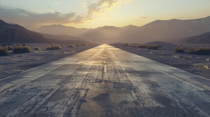 The sun sets over a picturesque open road, creating a stunning view with glistening tarmac leading into the mountains.
