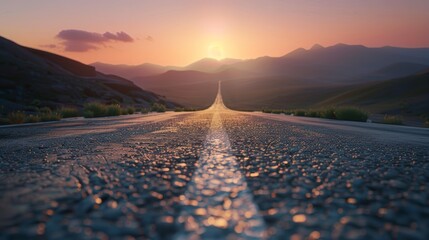 The sun sets over a picturesque open road, creating a stunning view with glistening tarmac leading...