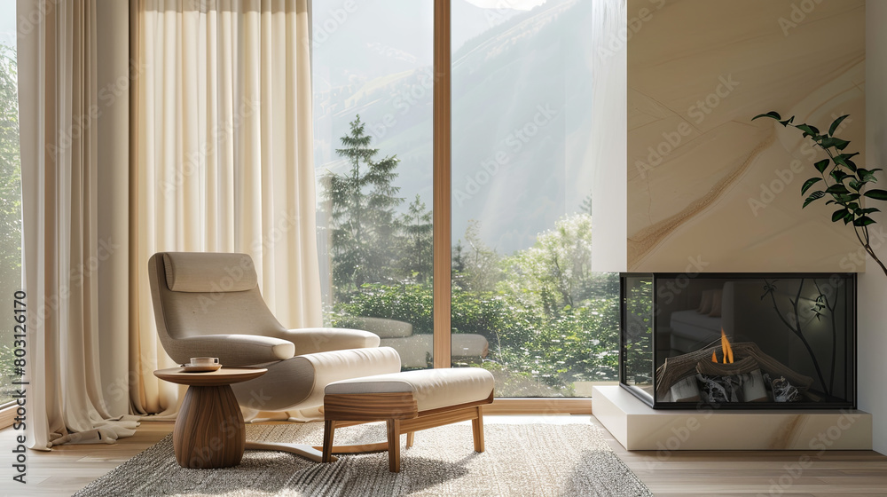 Wall mural a relaxation area featuring large panoramic windows that offer breathtaking views of the mountain