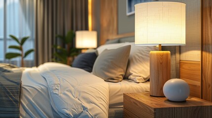 Cozy bedroom interior with a stylish wooden bedside lamp illuminating a soft, inviting bed, surrounded by modern decor and tranquil ambiance