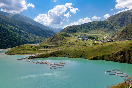 Fisheries at the reservoir of the Zaramagskaya HPP in the Kassar gorge. North Ossetia - Alania. Russia