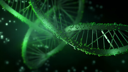Genetic Engineering Interface with Green DNA Strands on Dark Background