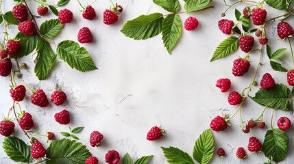 Fresh ripe raspberries with green leaves scattered on a textured white background.