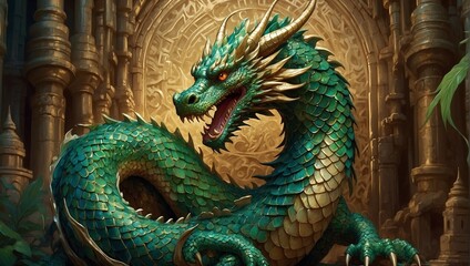 A beautifully serpentine ornamental dragon, its opulent form crafted from shimmering gold and...