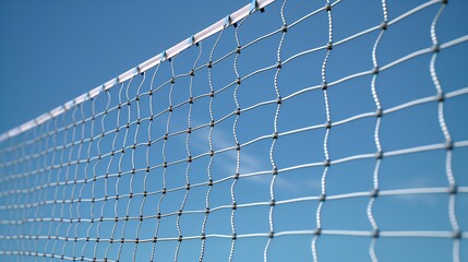 Close up of a volleyball net against a blue sky.