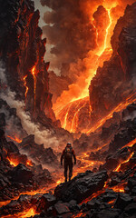 An explorer standing in front of a volcanic eruptions form towering columns of smoke and winding rivers of lava, Generative AI