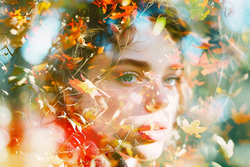 A double exposure portrait of a young fair-skinned woman with a vibrant autumn forest.