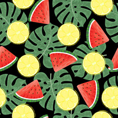 Seamless pattern with hand drawn  watermelon, lemon slace and tropical monstera leaves on black background.