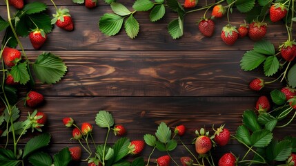 Fresh ripe strawberries scattered with vibrant leaves on a rustic dark wooden background. - Powered by Adobe