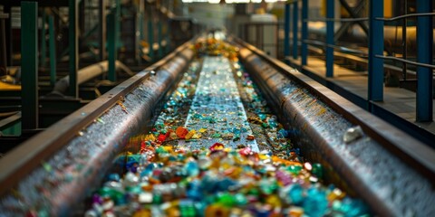 Plastic waste at a waste processing plant, various garbage on a conveyor belt. Generative AI
