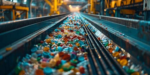 Waste recycling. Plastic waste at a recycling plant, plastic on a conveyor belt. Generative AI