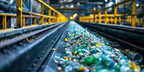 Waste recycling. Plastic waste at a recycling plant, plastic on a conveyor belt. Generative AI