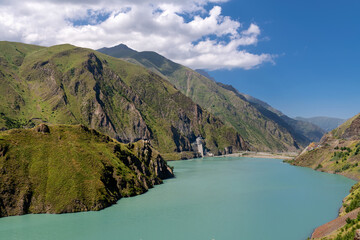 Fototapeta premium Reservoir of the Zaramagskaya hydroelectric power station in the Kassar Gorge. North Ossetia Alania. Russia