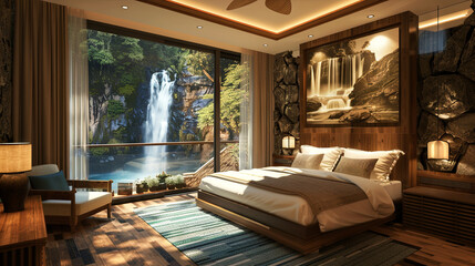 A luxurious bedroom set in beautiful natural surroundings with breathtaking views of a majestic waterfall, creating an atmosphere of tranquility and elegance.