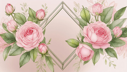 Floral wreath frame, pink roses and green leaves, illustration.