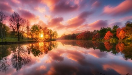 an explosion of colors during sunrise on a cloudy morning, with the reflection in water and trees washing by sunlight