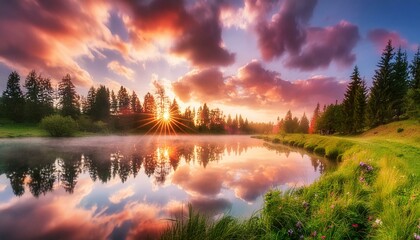 an explosion of colors during sunrise on a cloudy morning, with the reflection in water and trees...