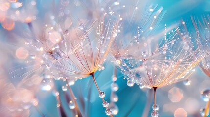 Flower dandelion seeds in drops dew rain sparkle in rays light close-up macro. Abstract art background for design, beautiful round bokeh, blurry soft blue background. Bright colorful artistic image.