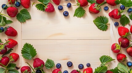 Fresh strawberries and blueberries artfully arranged around a neat wooden frame.
