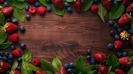 Assorted fresh berries with leaves on a wooden background, ideal for food backgrounds.