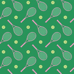 A colorful illustration background design on a green background with a pink tennis racket and tennis ball concept. - obrazy, fototapety, plakaty