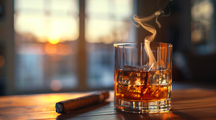 Glass of cold whiskey with cigar on wooden table - Powered by Adobe