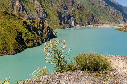 Reservoir of the Zaramagskaya hydroelectric power station in the Kassar Gorge. North Ossetia Alania. Russia