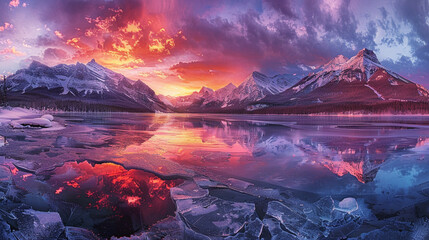 A beautiful mountain range with a lake in the foreground. The sky is orange and the mountains are covered in snow
