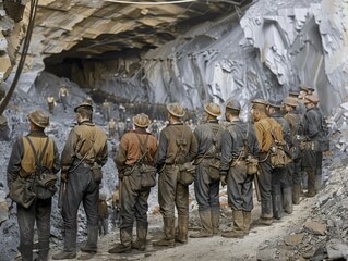 Vibrant real color photo of a group of miners working in the underground mine
