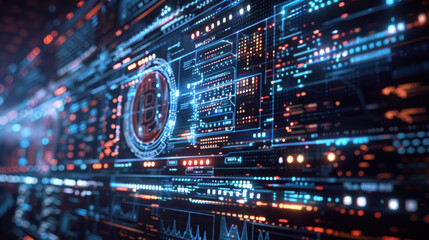 Abstract of Bitcoin within a glowing circuitry on a dark backdrop, symbolizing digital finance and blockchain technology