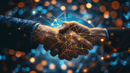 Handshake Between Two Business Partners Illuminated by Futuristic Network Connections.