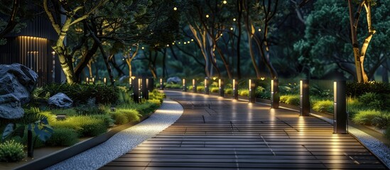 Obraz premium Contemporary illuminated pathway fixture within the hotel precinct.