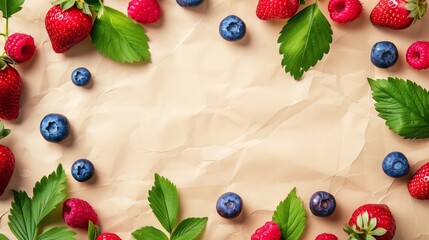 Assorted fresh berries scattered on a textured beige background, with copy space.