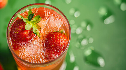 Glass of fresh strawberry kombucha on green background