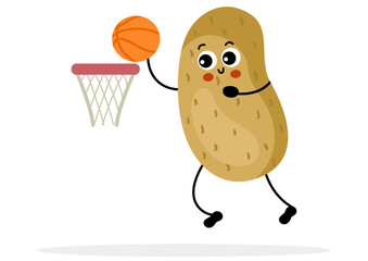Funny potato character mascot playing basketball