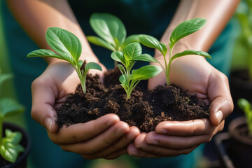 Close-up of gardener's hands holding a sapling with soil. Growing organic plants. Spring sustainable gardening. Close-up of gardener's hands.