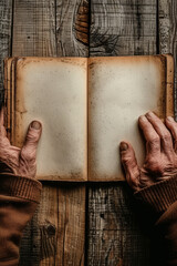 Antique Open Book on a Rustic Wooden Table, Hands Poised for a Tale