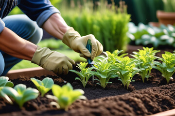 Gardener planting young seedlings in soil. Growing organic plants. Spring sustainable gardening. Close-up of gardener's hands.